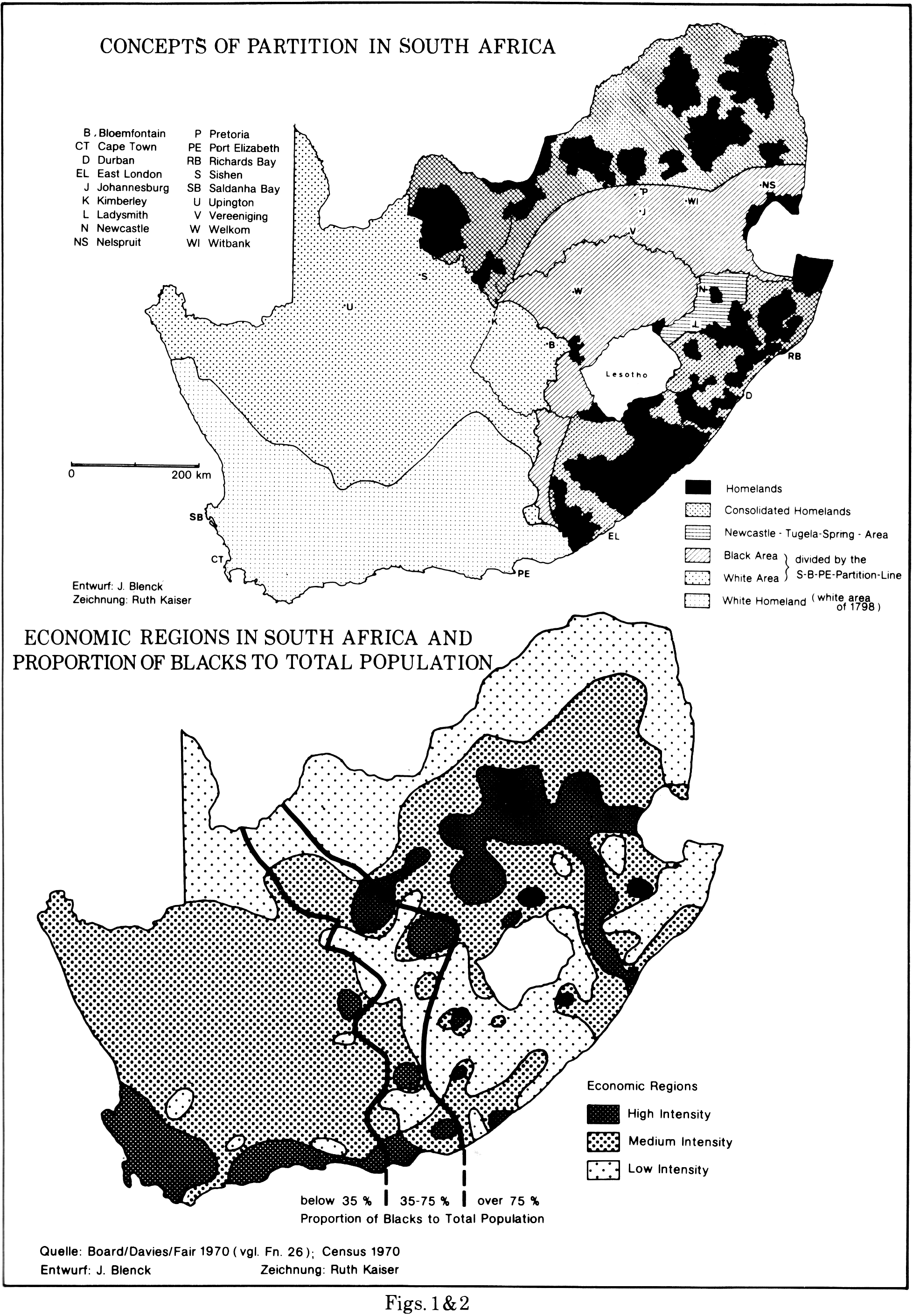 Figs. 1&2: Concepts of Partition in South Africa, Economic regions in South Africa and proportion of blacks to total population