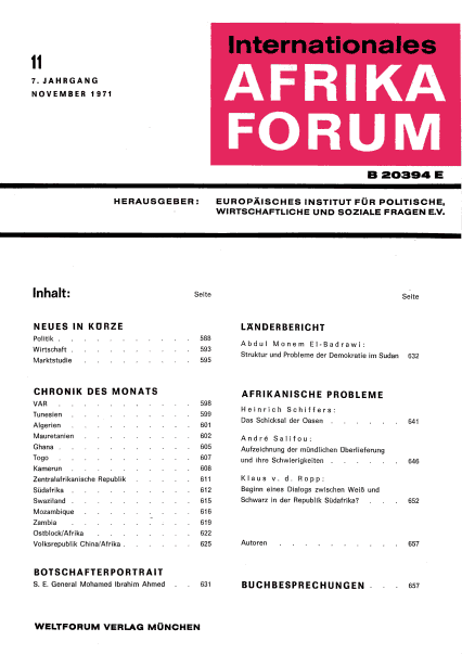 Internationales Afrika-Forum, vol. 7, no. 11, 1971, p. 652-656;