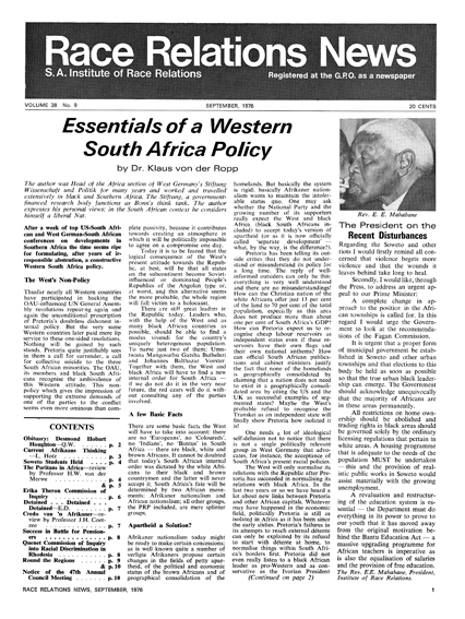 Race Relations News, issue September 1976, vol. 38, no. 9, 1976, p. 1-2;