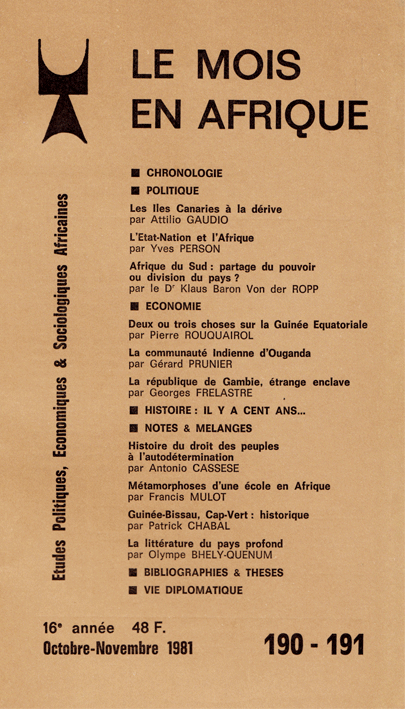 Le Mois en Afrique, issue Octobre-Novembre 1981, vol. 16, no. 190-191, 1981, p. 36-53;
