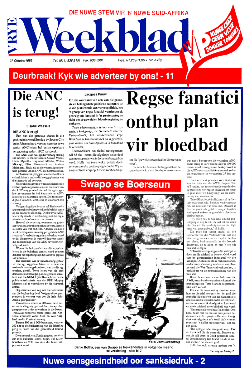 Vrye Weekblad, issue 27 Oktober 1989, 1989, p. 18